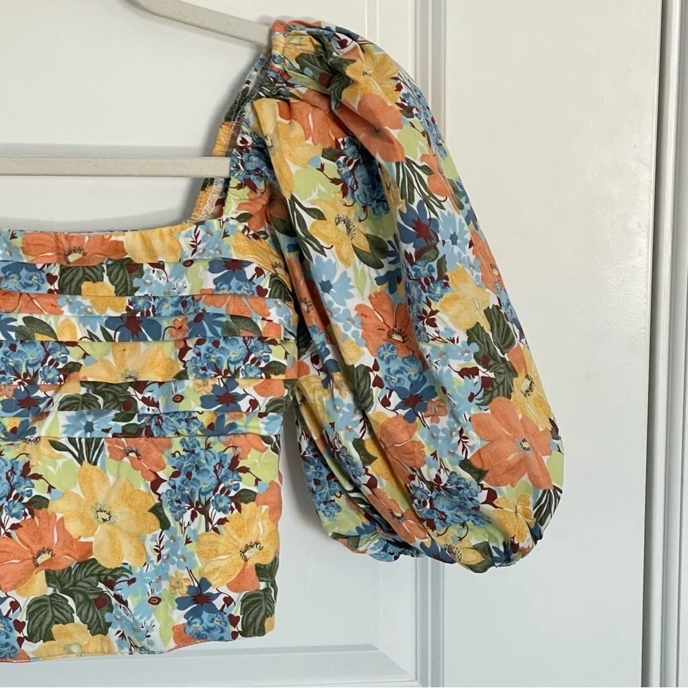 Abercrombie & Fitch Square Neck Ruched Puff Sleeve floral Top 35432